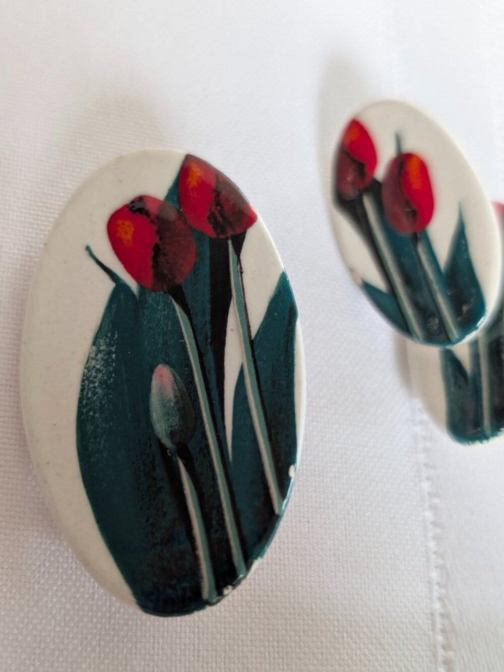 Vintage Hand-Painted Ceramic Detailed Red Tulip Earrings and Brooch Set